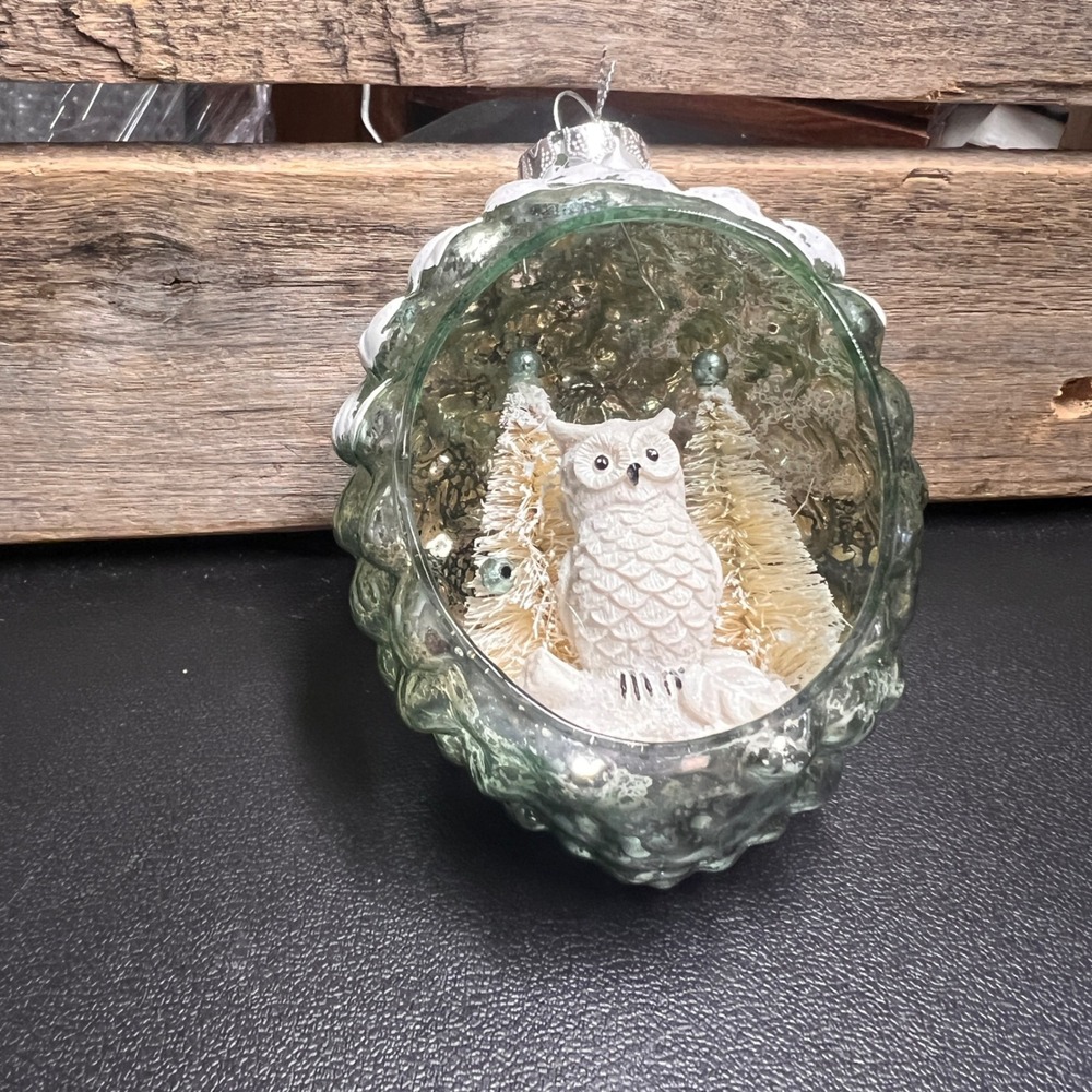 Glass Pinecone Owl Diorama Christmas Ornament Bottle Brush Trees Green